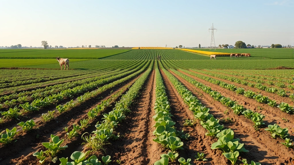Photorealistic photograph showing healthy agricultural land with crop rotation, cover crops, and integrated livestock, demonstrating regenerative farming practices