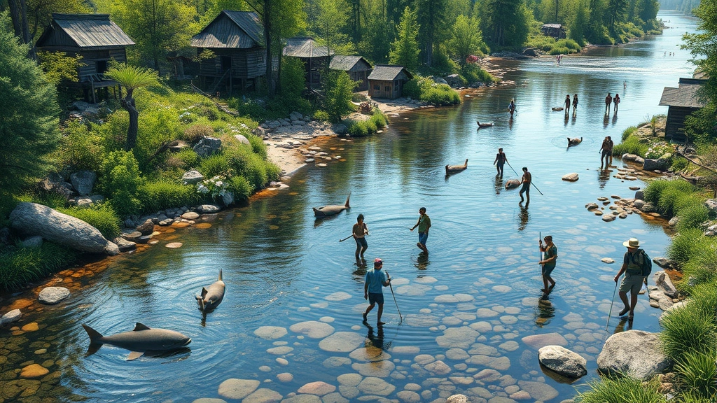 Photorealistic image of thriving ecosystem with diverse species, clean water, and human communities engaged in sustainable resource management activities