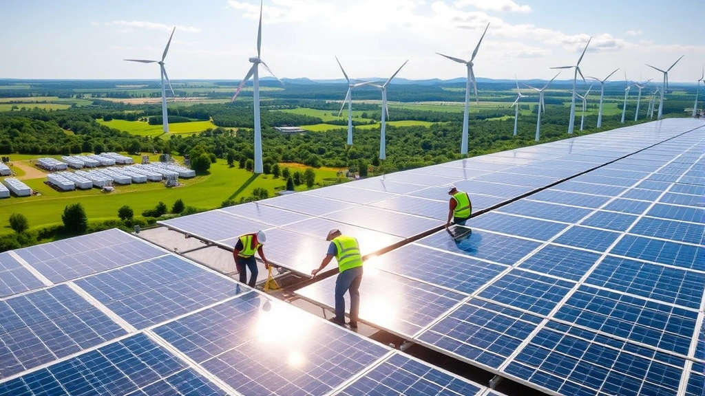 Solar panels and wind turbines installed across a green landscape with workers in safety vests assembling renewable energy infrastructure, sunlight reflecting off panels, modern technology integrated with natural environment