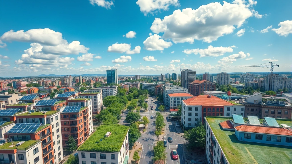Aerial view of a modern sustainable city district with green roofs, solar panels on buildings, electric vehicles charging, parks integrated between buildings, blue sky with white clouds