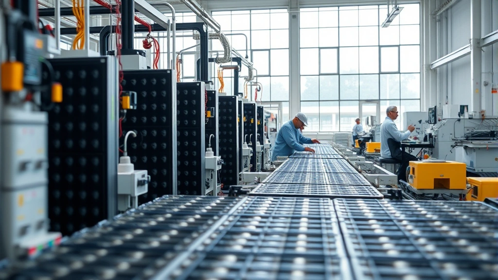 Close-up of manufacturing facility producing battery cells and renewable energy components, workers at assembly stations, precision equipment, clean industrial environment with natural light from large windows