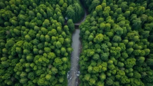 Aerial view of lush green forest canopy with river winding through, showing intact ecosystem biodiversity and natural water cycle processes