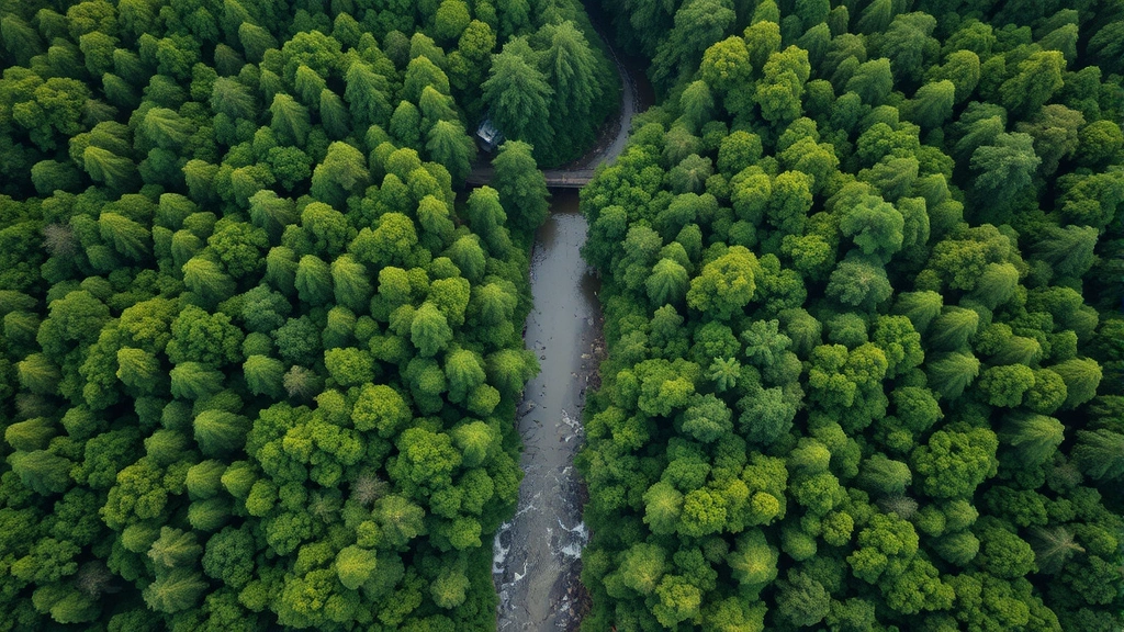 Aerial view of lush green forest canopy with river winding through, showing intact ecosystem biodiversity and natural water cycle processes