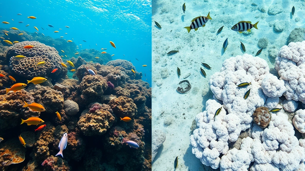 Split-screen contrast: left side pristine coral reef with vibrant fish species, right side bleached white coral with sparse marine life from warming waters