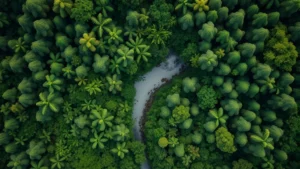 Aerial view of tropical rainforest canopy with dense green vegetation and winding river, photorealistic 4K quality, showcasing intact forest ecosystem biodiversity