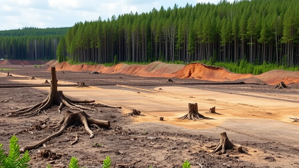 Deforested landscape with cleared land, tree stumps, and eroded soil transitioning to remaining forest edge, demonstrating environmental and economic damage from logging