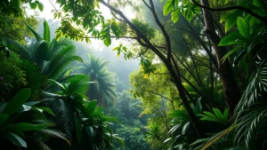 Lush tropical rainforest canopy with diverse vegetation layers, sunlight filtering through leaves, misty atmosphere showing biodiversity richness and ecosystem complexity without any text or labels