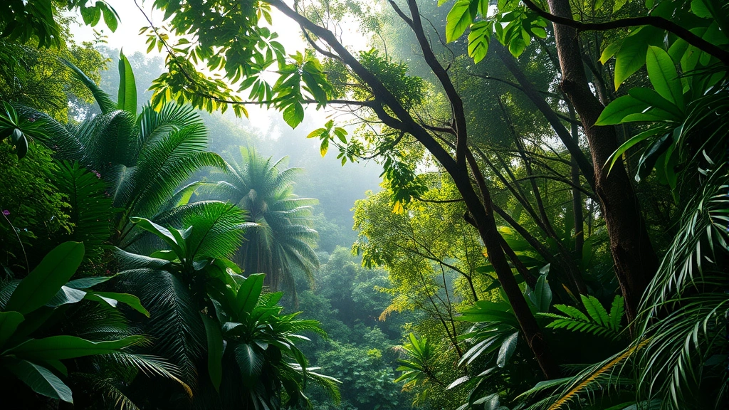 Lush tropical rainforest canopy with diverse vegetation layers, sunlight filtering through leaves, misty atmosphere showing biodiversity richness and ecosystem complexity without any text or labels