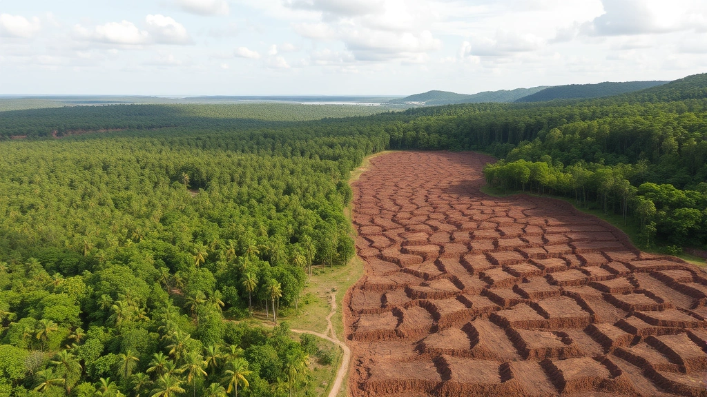 Stark contrast landscape showing dense forest on one side and cleared, barren land with erosion patterns on the other side, demonstrating environmental and economic consequences of deforestation naturally