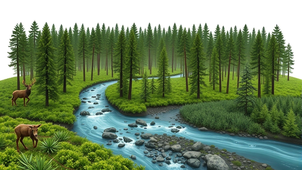 Integrated view of forest ecosystem showing water flowing through streams with vegetation, wildlife habitat, and carbon-rich vegetation demonstrating interconnected economic services and natural capital value