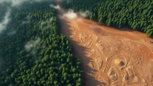 Aerial view of deforestation transition zone showing pristine forest meeting cleared land with exposed soil, morning mist rising from remaining trees, photorealistic satellite perspective
