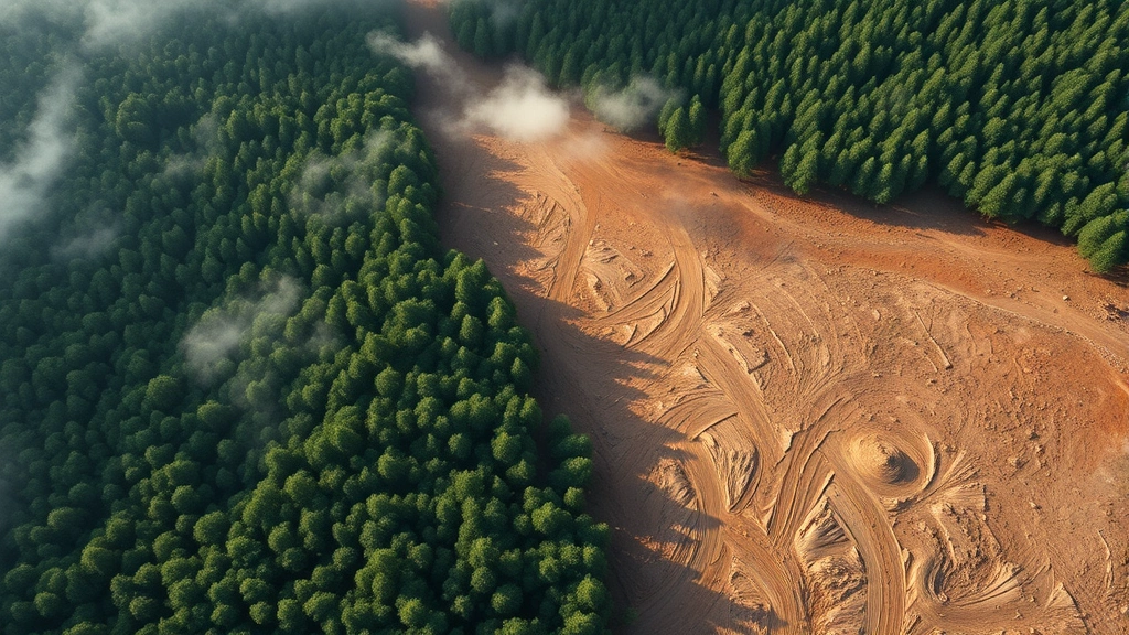 Aerial view of deforestation transition zone showing pristine forest meeting cleared land with exposed soil, morning mist rising from remaining trees, photorealistic satellite perspective