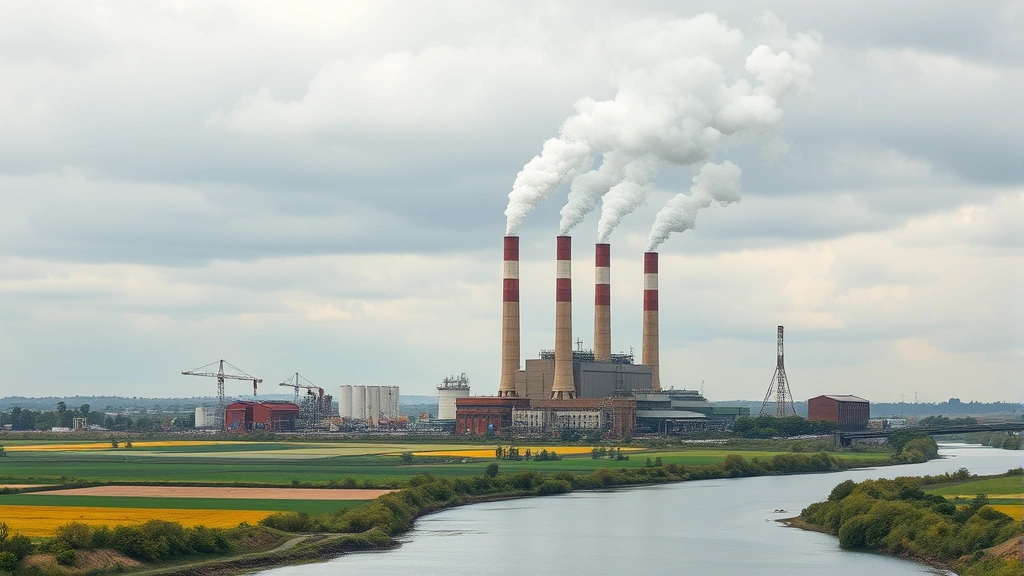 Industrial factory with multiple smokestacks emitting pollution against gray sky, surrounding agricultural fields and river, demonstrating external environmental costs of production