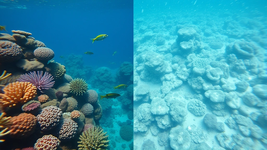 Underwater coral reef ecosystem showing both healthy vibrant corals and bleached degraded sections side by side, tropical fish swimming, illustrating ecosystem service loss and natural capital depletion