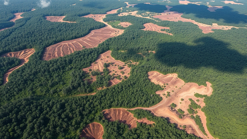 Aerial view of deforested tropical landscape with remaining forest patches and erosion patterns visible, showing stark contrast between intact and degraded areas, photorealistic, natural lighting