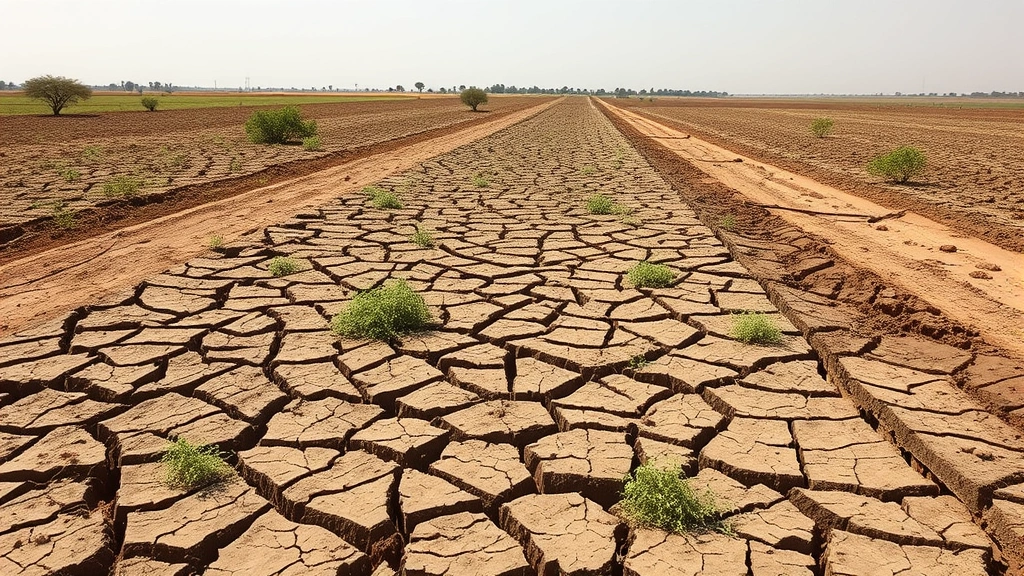 Industrial agricultural field showing soil erosion and desertification with cracked, barren earth and sparse vegetation, demonstrating land degradation impacts on farming regions