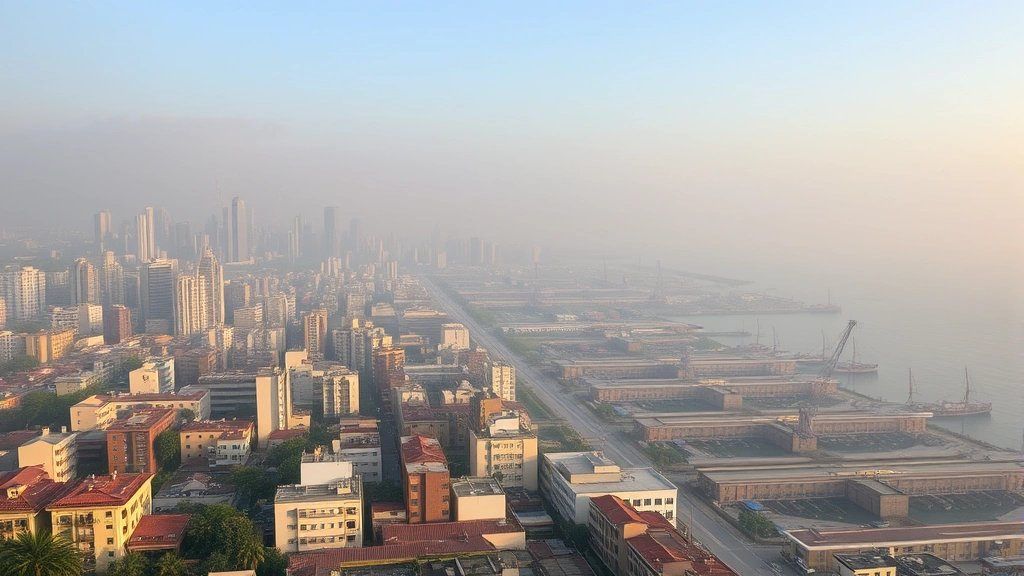 Coastal city with air pollution haze visible over urban buildings and harbor, showing environmental degradation affecting human settlements and industrial infrastructure
