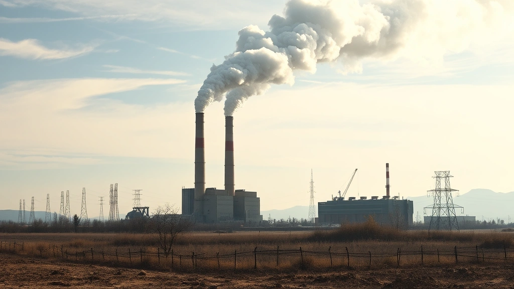 Industrial factory with smoke stacks releasing pollution into atmosphere above degraded barren landscape, photorealistic environmental damage visualization