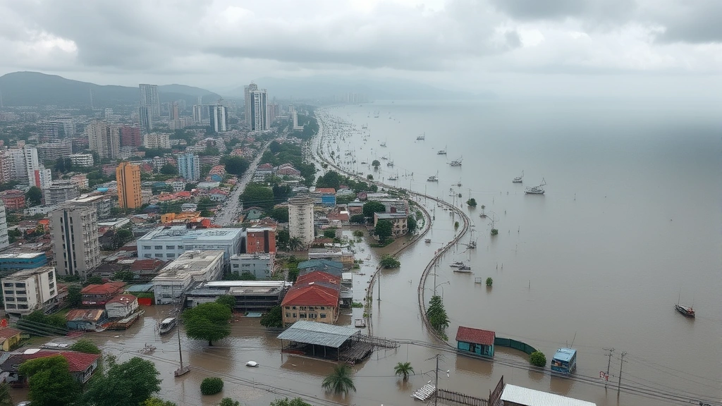 Flooded coastal city with climate change impacts, submerged infrastructure and disrupted urban economy, photorealistic climate disaster consequences