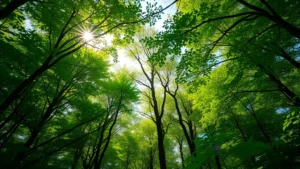 Lush green forest canopy with sunlight filtering through leaves, representing natural capital and ecosystem richness, photorealistic forest landscape view from below looking up at dense vegetation
