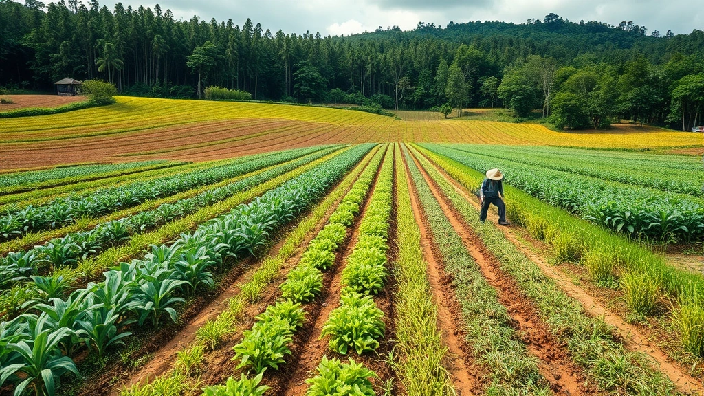 Sustainable agricultural field with diverse crops, farmers working, and forest in background, representing balanced land use between human economic activity and ecological preservation, photorealistic farming scene