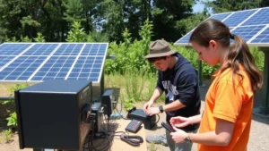 Students working with renewable energy solar panels and monitoring equipment in outdoor environmental laboratory setting, natural daylight, hands-on technical learning environment with vegetation visible