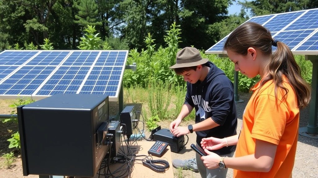 Students working with renewable energy solar panels and monitoring equipment in outdoor environmental laboratory setting, natural daylight, hands-on technical learning environment with vegetation visible