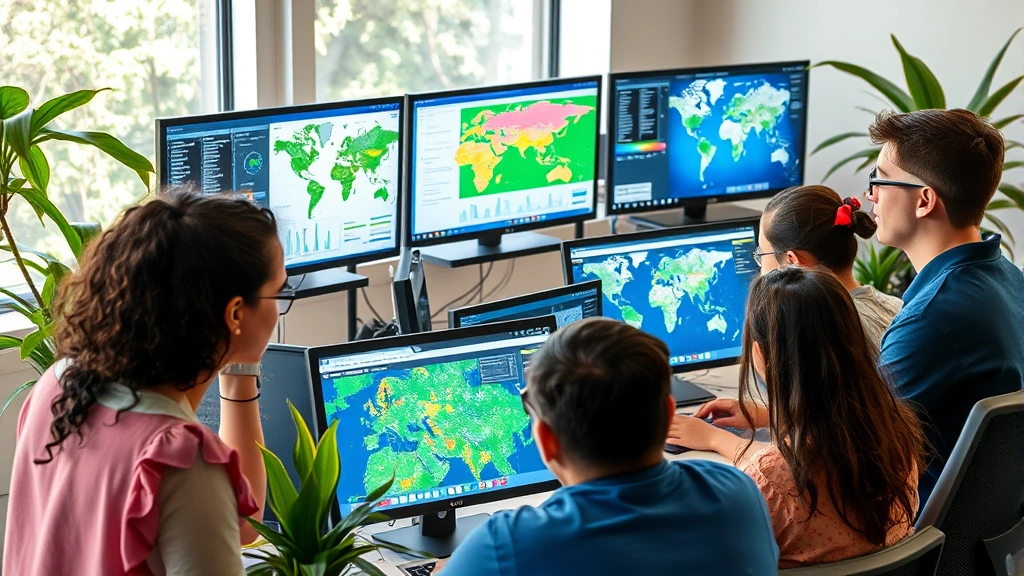 Diverse team of students analyzing environmental data on multiple computer screens displaying graphs and satellite imagery, collaborative tech workspace with natural elements like plants and natural lighting