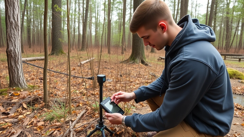Graduate installing environmental sensor network in natural ecosystem with digital monitoring device, forest or wetland setting, demonstrating integration of technology with ecological field research