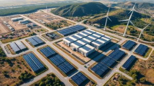 Aerial view of sprawling data center facility with solar panels and wind turbines nearby, surrounded by natural landscape, photorealistic, daytime lighting, showing renewable energy infrastructure integration