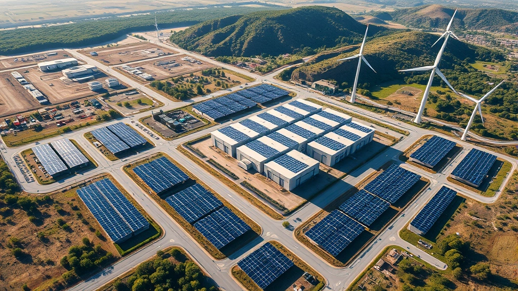 Aerial view of sprawling data center facility with solar panels and wind turbines nearby, surrounded by natural landscape, photorealistic, daytime lighting, showing renewable energy infrastructure integration