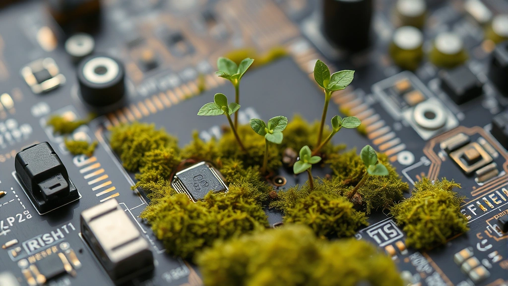 Close-up of computer circuit board with natural elements growing through it—moss, small plants, water droplets—symbolizing technology and nature intersection, photorealistic macro photography