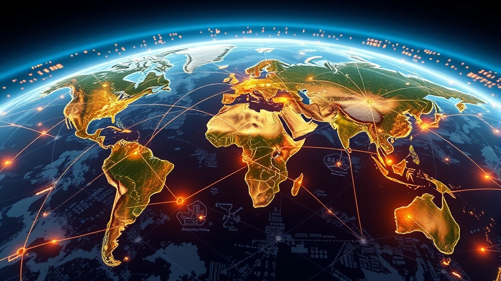 Global trade network visualization shown as interconnected nodes across Earth with glowing pathways, factories and farms integrated into landscape, photorealistic 3D rendering with economic and ecological elements