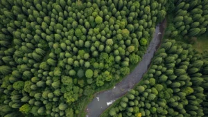 Aerial view of diverse forest ecosystem with winding river, lush green canopy, wildlife visible from above, natural lighting showing ecosystem complexity and interconnection