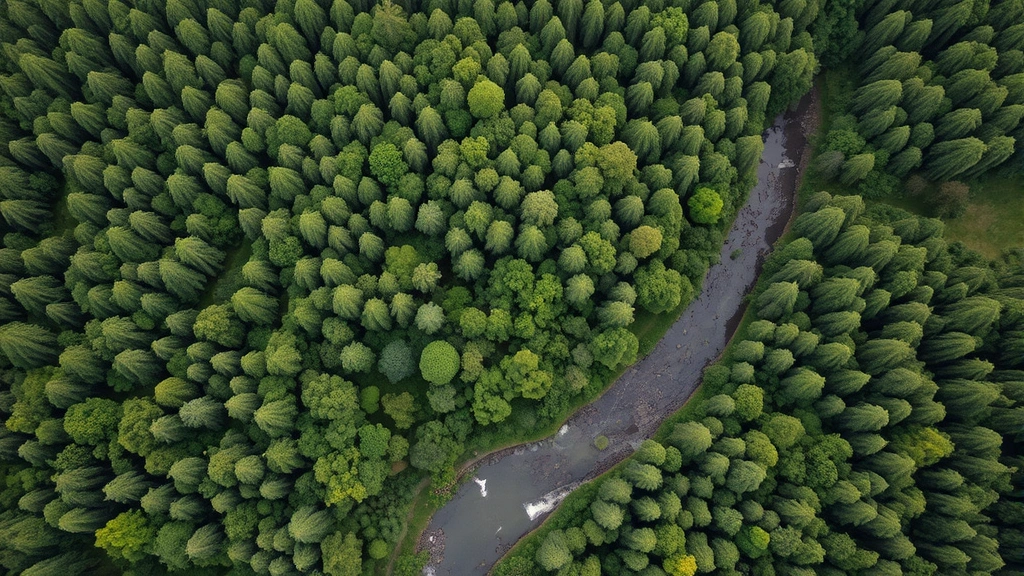 Aerial view of diverse forest ecosystem with winding river, lush green canopy, wildlife visible from above, natural lighting showing ecosystem complexity and interconnection