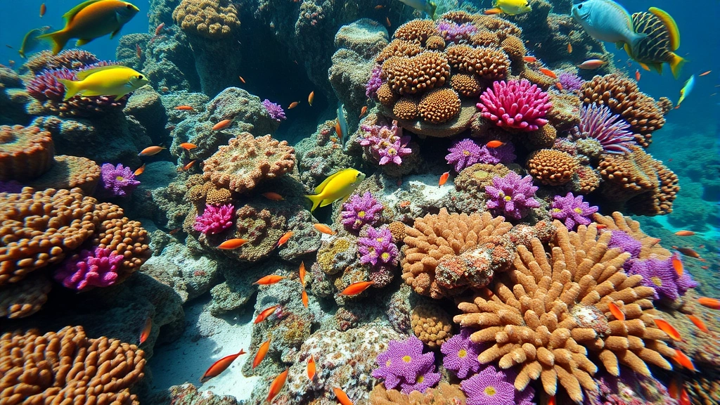 Close-up of healthy coral reef with vibrant fish species, sea turtles, and colorful coral formations, underwater photography showing marine biodiversity and economic value