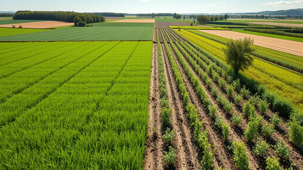 Agricultural landscape showing both monoculture fields and diverse polyculture systems side by side, demonstrating ecosystem service differences between farming approaches, natural daylight