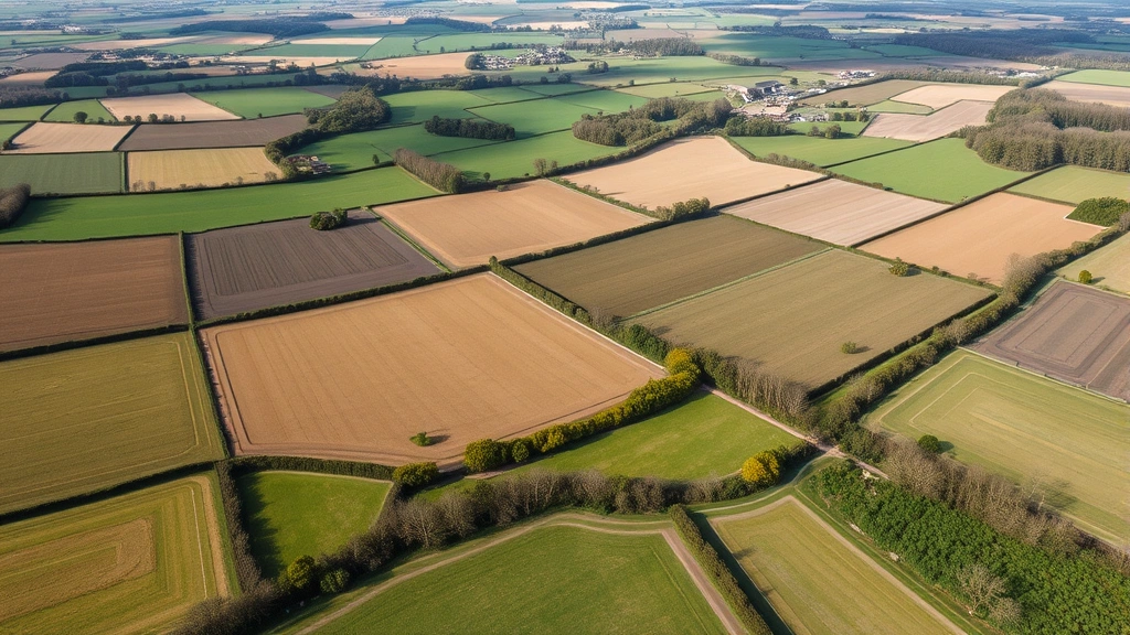 Aerial view of patchwork farmland with diverse crop fields, hedgerows, and woodland strips showing regenerative agriculture practices and landscape-scale environmental management