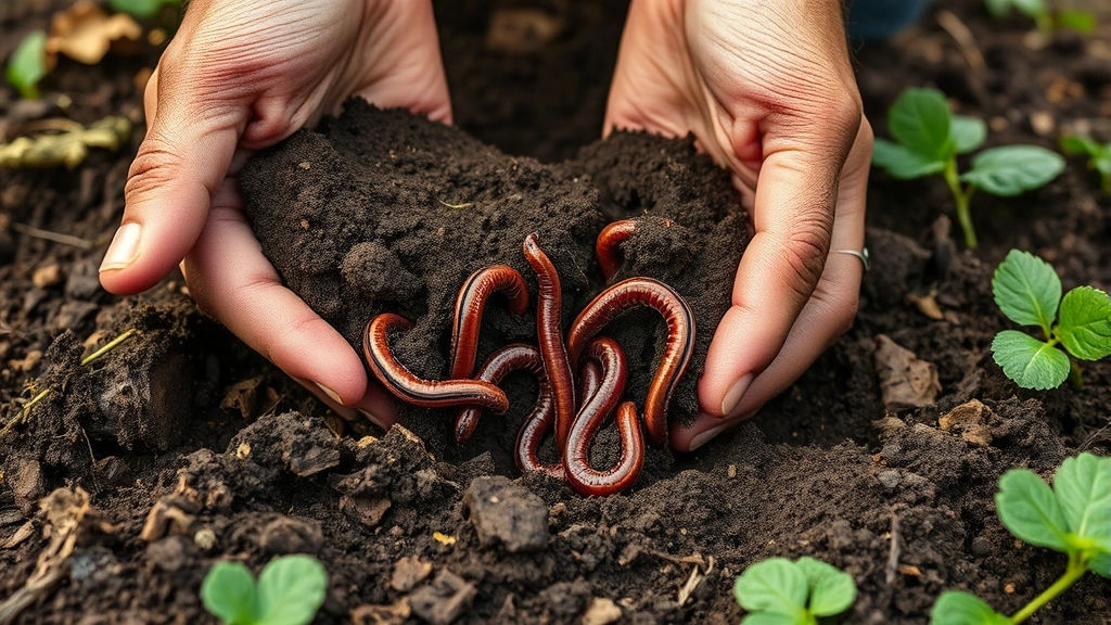 Close-up of farmer hands examining soil quality in regenerative farm setting with cover crops, organic matter, and healthy earthworms visible in rich dark earth