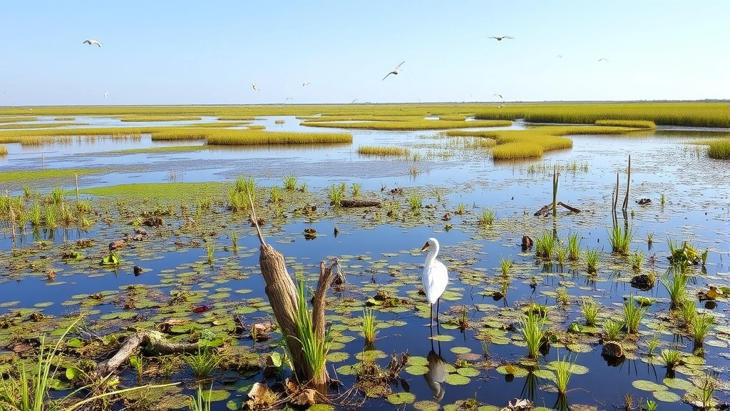 Wide landscape of restored wetland with standing water, native marsh vegetation, dragonflies, and birds, demonstrating ecological recovery and carbon sequestration function