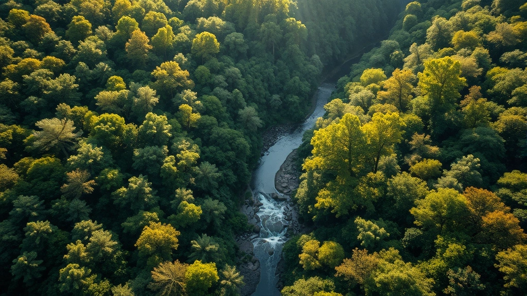 Aerial view of diverse forest ecosystem with river winding through, sunlight filtering through canopy, vibrant green vegetation and natural water features visible, photorealistic landscape photography showing ecological richness and natural productivity