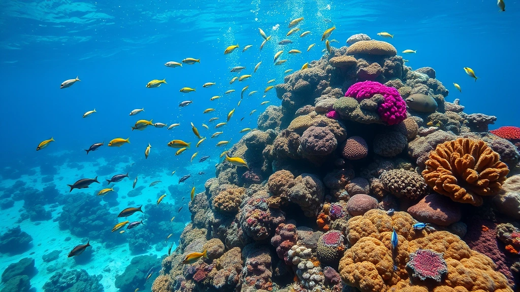 Underwater coral reef ecosystem teeming with colorful fish and marine life, crystal clear water, healthy coral formations, diverse marine biodiversity, photorealistic underwater photography demonstrating ocean ecosystem value and natural capital