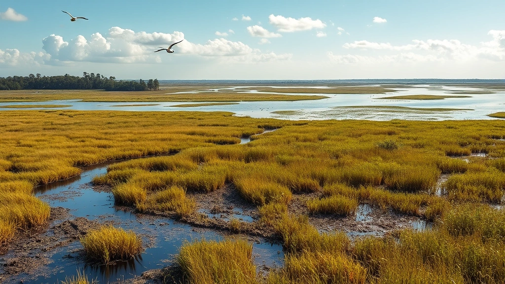 Panoramic landscape of wetland ecosystem with water, marsh vegetation, diverse wildlife including birds, natural flood control features visible, sunlit natural setting showing ecological and hydrological functions supporting human communities