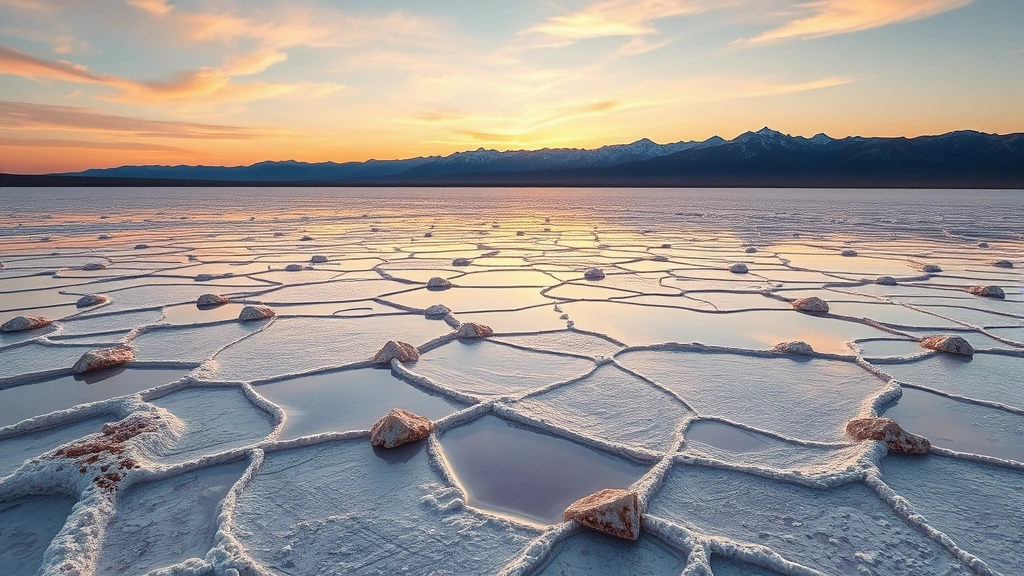 Panoramic view of a salt flat or evaporite lake basin with crystalline mineral deposits, mountains in distance, sunset lighting highlighting mineral colors and textures, photorealistic landscape