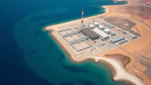 Aerial view of large industrial desalination plant with intake and discharge pipelines extending into blue ocean water, surrounded by arid coastal landscape with minimal vegetation, photorealistic