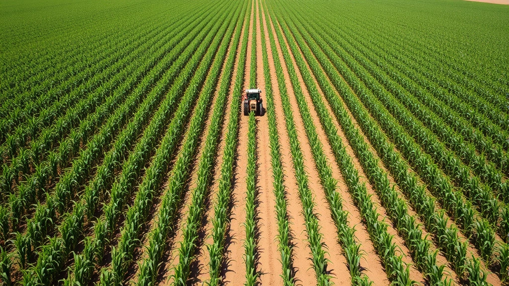 Realistic aerial view of large-scale monoculture cornfield showing uniform crop rows extending to horizon, tractor visible in distance, soil exposed between planted areas, natural daylight