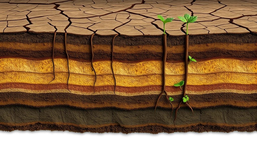 Photorealistic image of degraded agricultural soil cross-section showing compacted layers, minimal organic matter, sparse root systems, cracked surface texture, scientific detail without labels