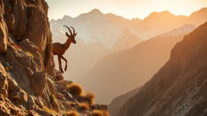 Mountain ibex standing on steep rocky alpine cliff face with snow-capped peaks in background, golden sunlight illuminating terrain, sparse alpine vegetation visible below
