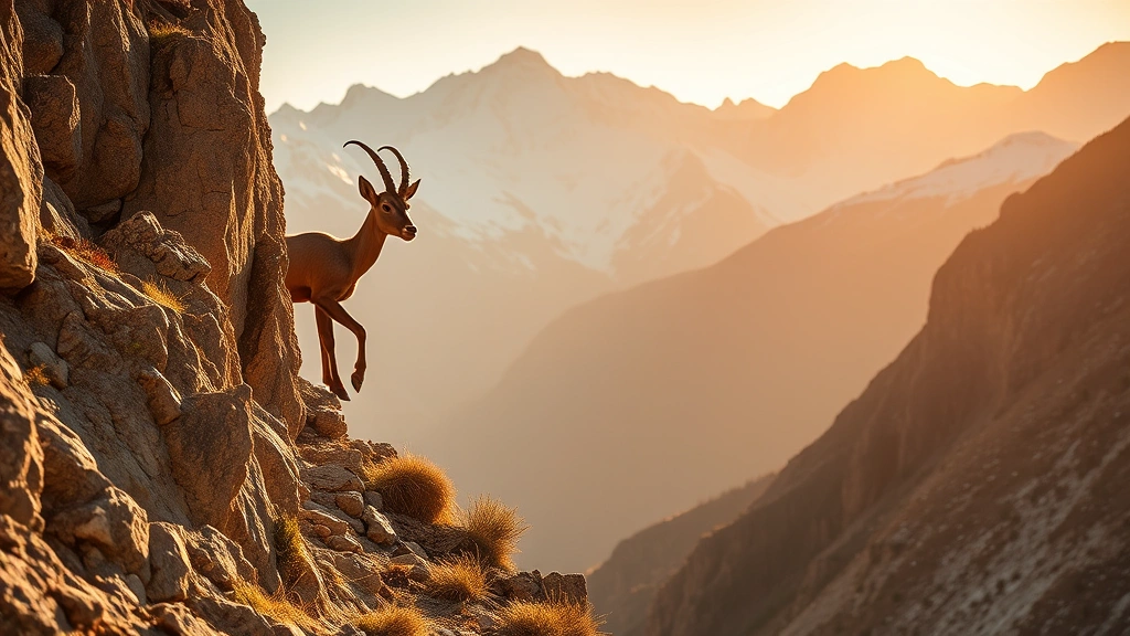 Mountain ibex standing on steep rocky alpine cliff face with snow-capped peaks in background, golden sunlight illuminating terrain, sparse alpine vegetation visible below
