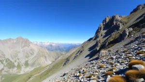 Alpine mountain landscape with steep rocky terrain and sparse vegetation at high elevation, snow patches visible on distant peaks, clear blue sky, photorealistic nature photography